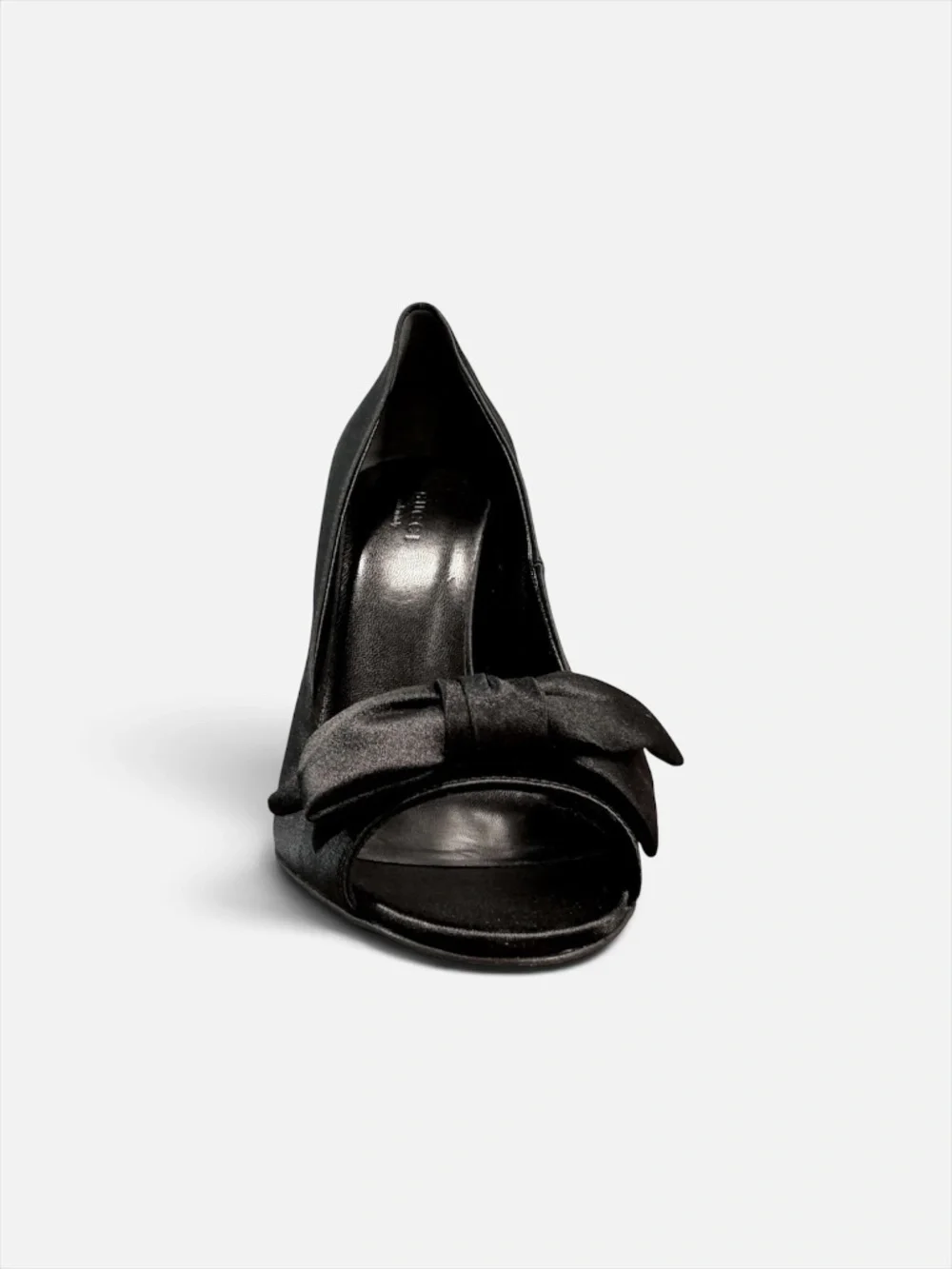 Gucci Black Satin Bow Heels Open Toe Pumps NIB EU 38.5 Fits US 9